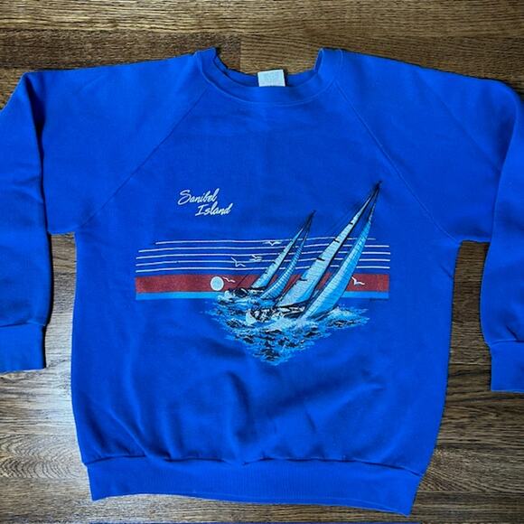 VTG 80s Miller Sanibel Island Crewneck Sweatshirt Adult L Blue Sailing Ocean USA - Picture 1 of 9
